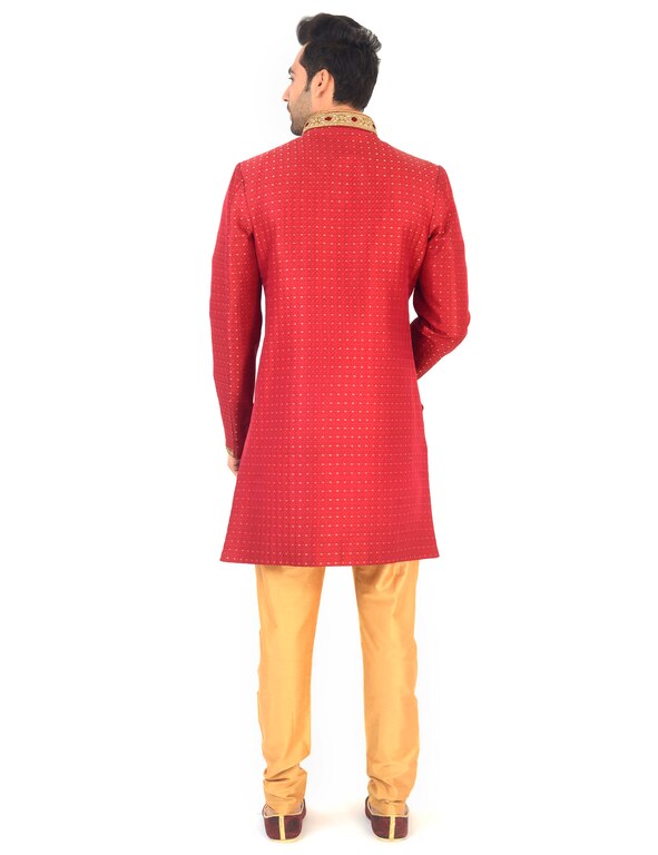 SMVM Indo Western Sherwani Mens Wear With Jardoshi Hand Work Red Colour Golden Dot Print (40)